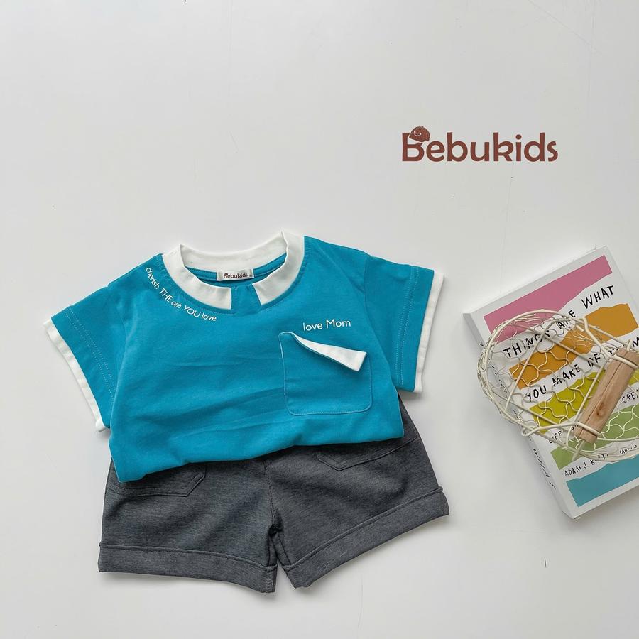 SB2166- bộ cộc tay in chữ cổ, túi ngực gập mép in love mom