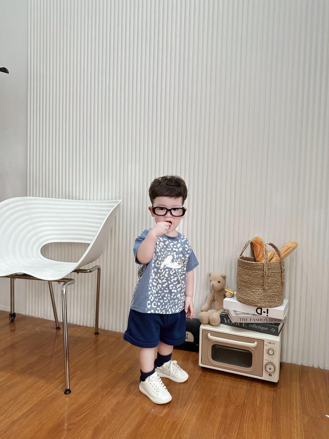 SB2294- bộ cộc tay da báo phối sườn, tay màu trơn