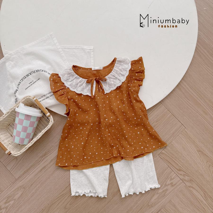 SB2293- bộ sát nách cánh tiên cổ zen đính nơ phối quần trơn nâu