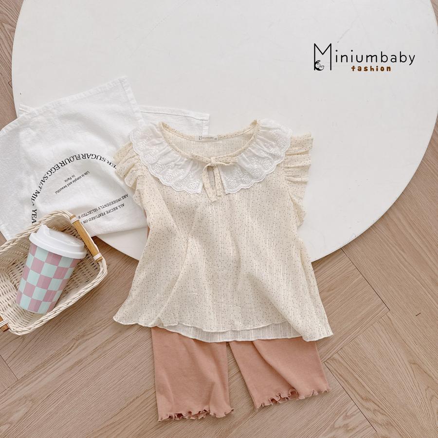 SB2293- bộ sát nách cánh tiên cổ zen đính nơ phối quần trơn be