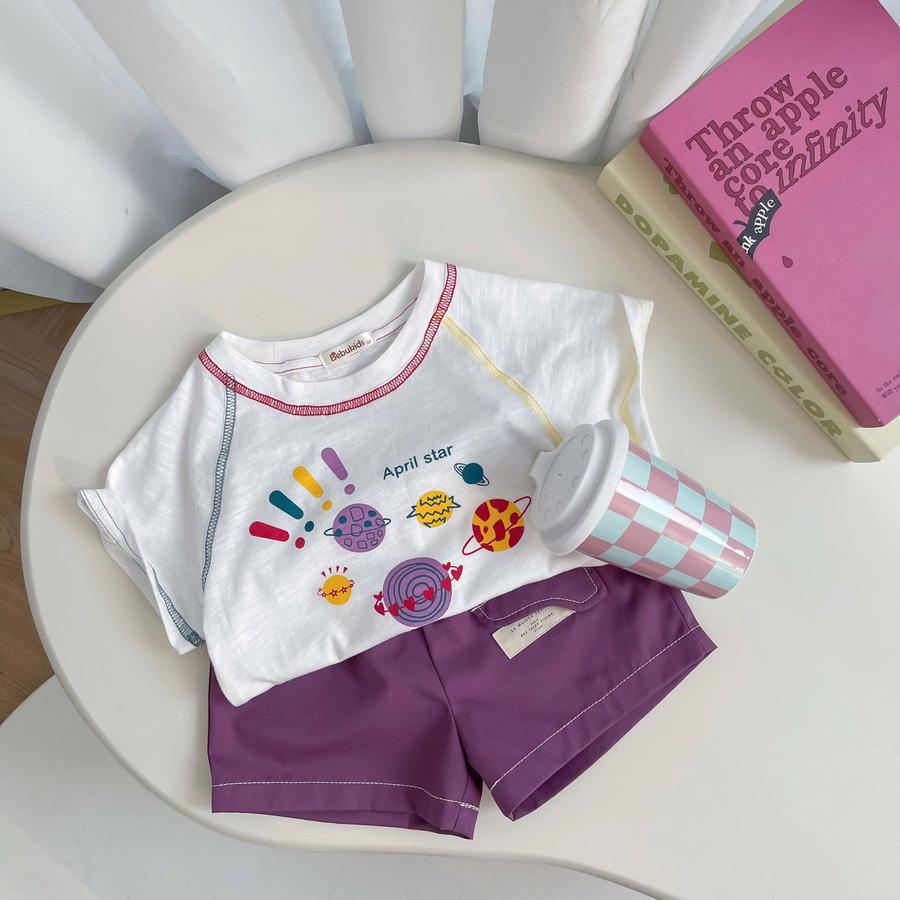 SB2273-  bộ cộc tay diễu chỉ màu  in hệ mặt trời trắng