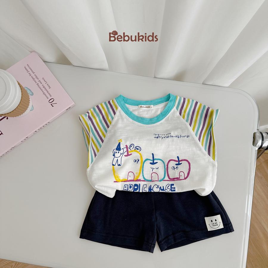 SB2341- bộ cộc tay phối tay kẻ, thân in 3 quả táo,...