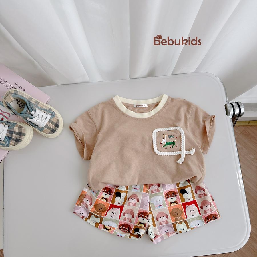 SB2330- bộ cộc tay túi viền dây in chú cũn phối quần karo cún