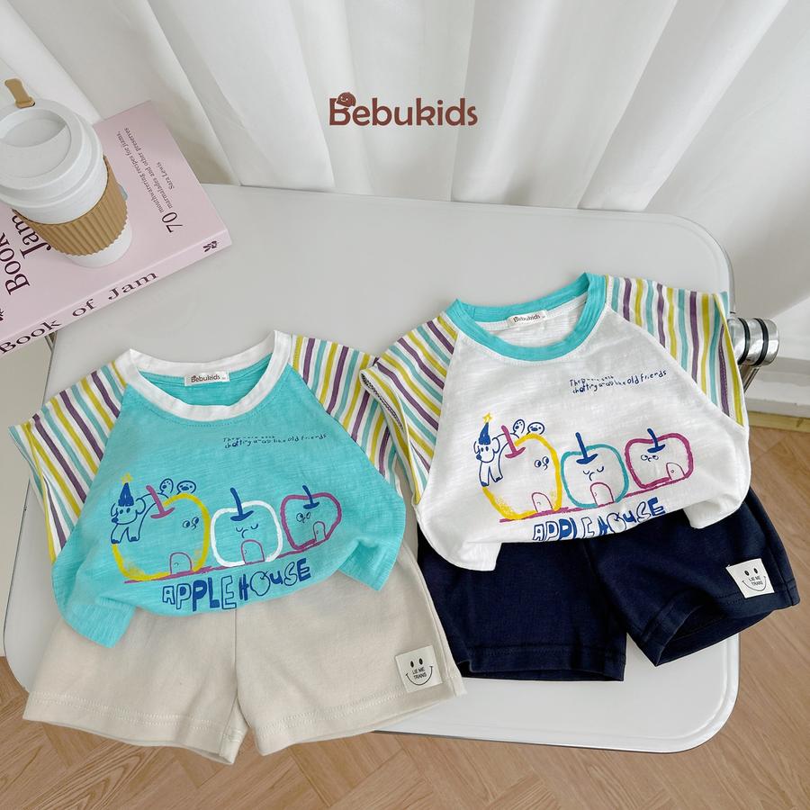 SB2341- bộ cộc tay phối tay kẻ, thân in 3 quả táo,...