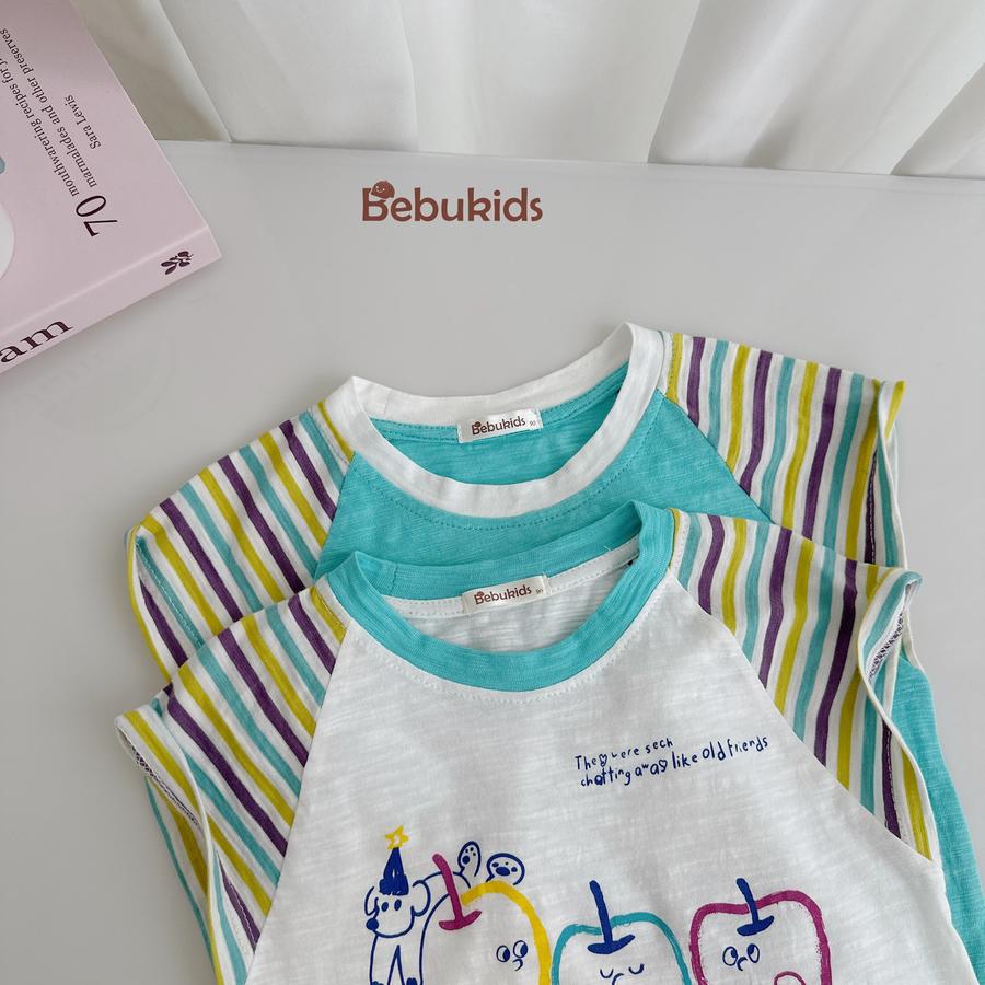 SB2341- bộ cộc tay phối tay kẻ, thân in 3 quả táo,...