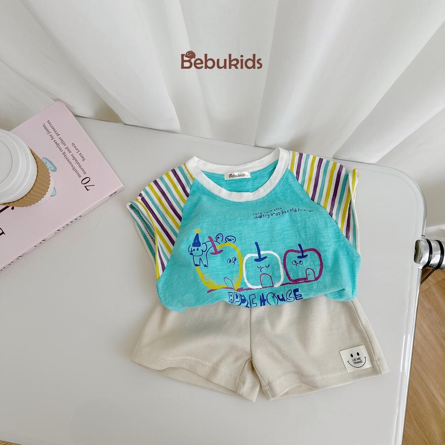 SB2341- bộ cộc tay phối tay kẻ, thân in 3 quả táo,...