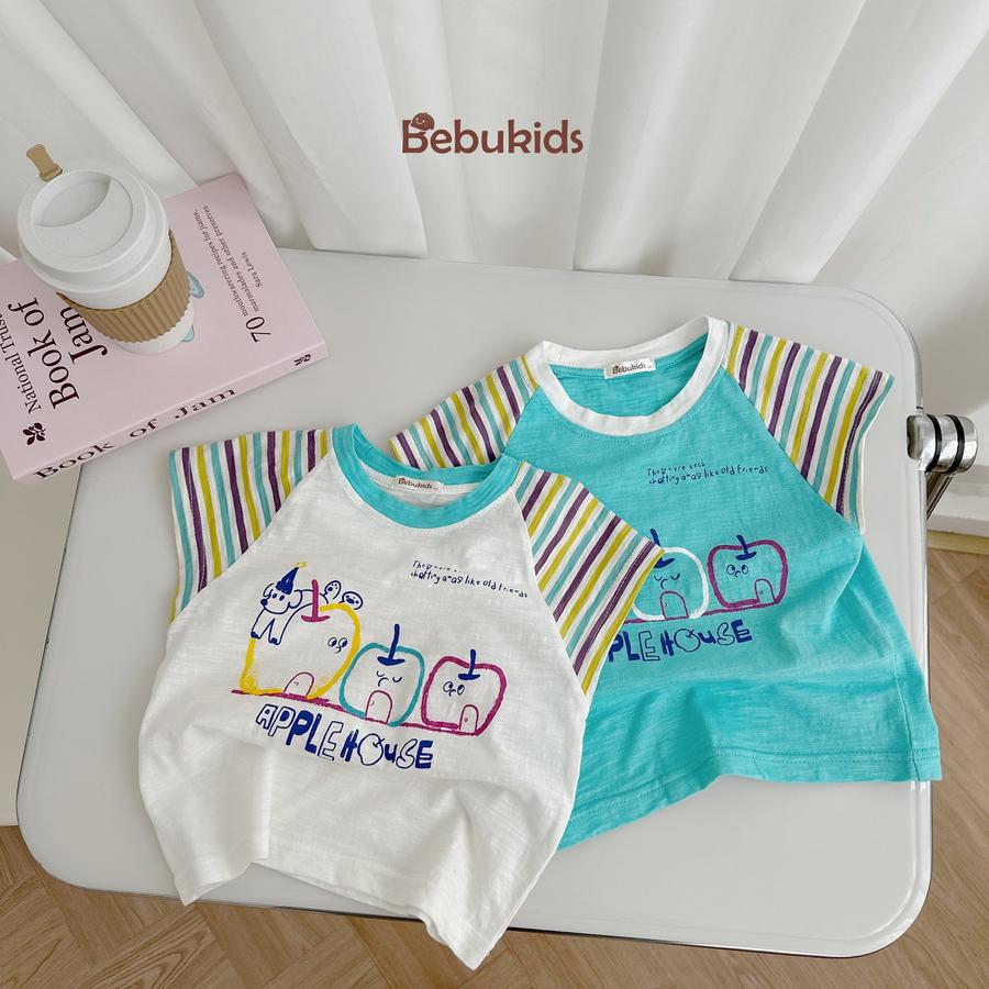 SB2341- bộ cộc tay phối tay kẻ, thân in 3 quả táo,...