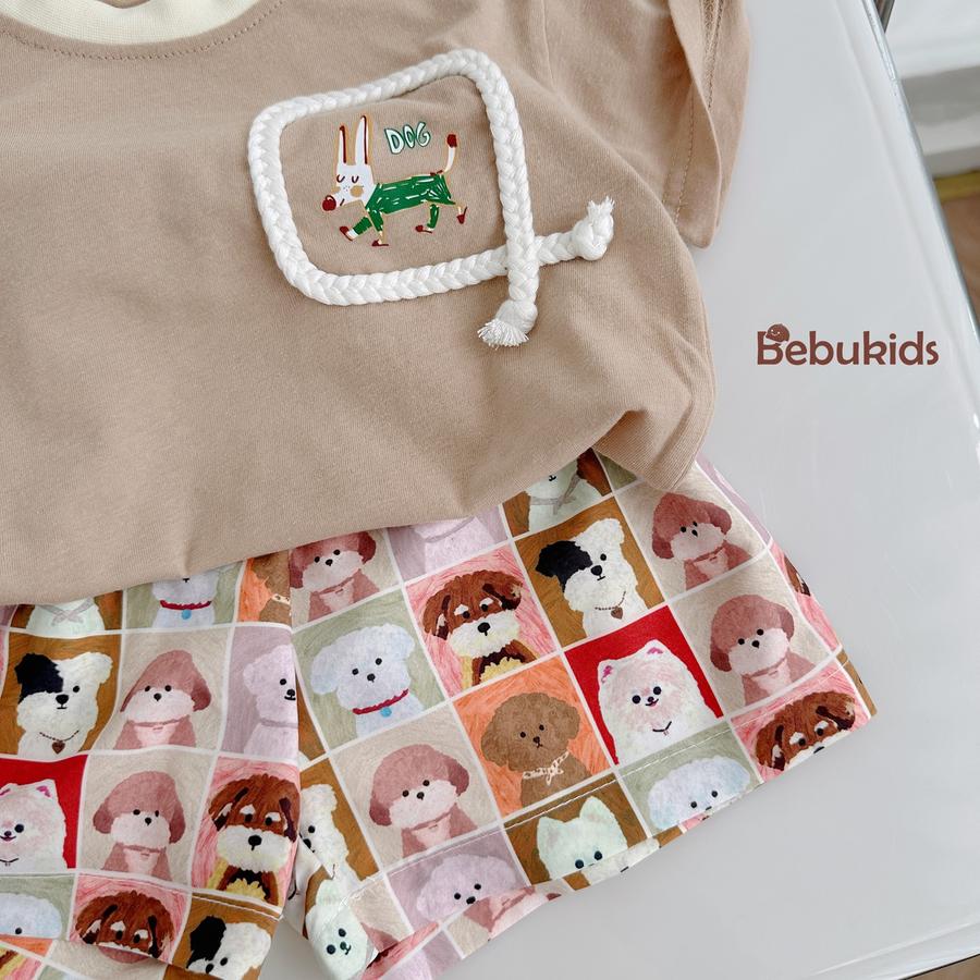 SB2330- bộ cộc tay túi viền dây in chú cũn phối quần karo cún