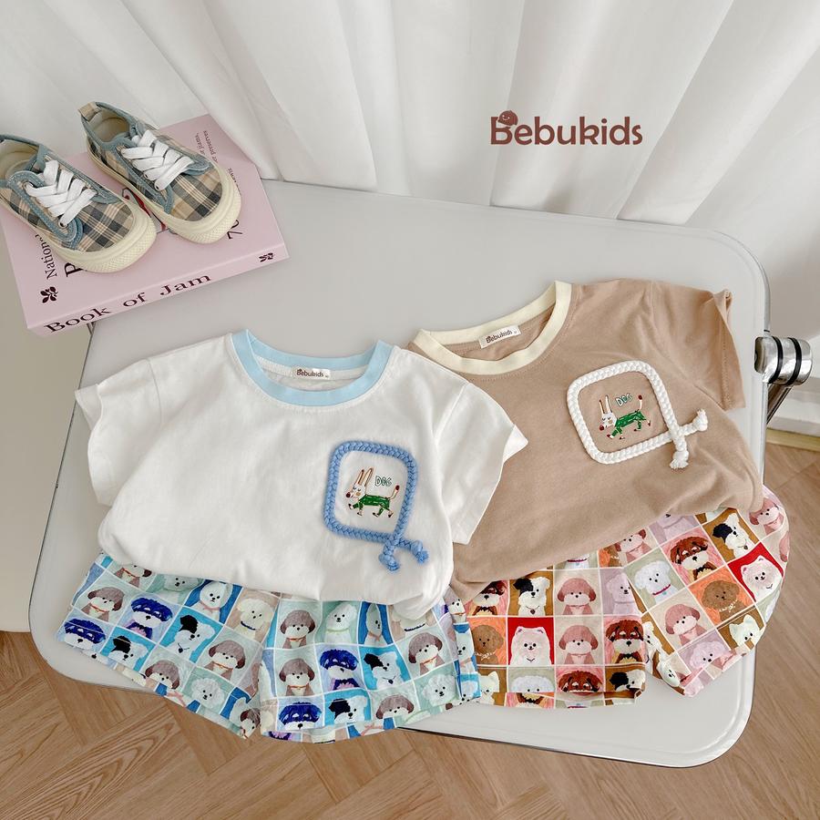 SB2330- bộ cộc tay túi viền dây in chú cũn phối quần karo cún