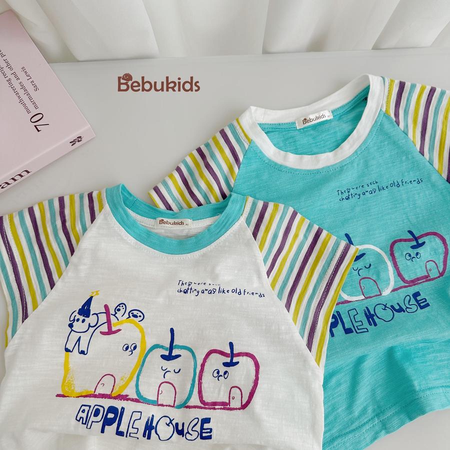 SB2341- bộ cộc tay phối tay kẻ, thân in 3 quả táo,...