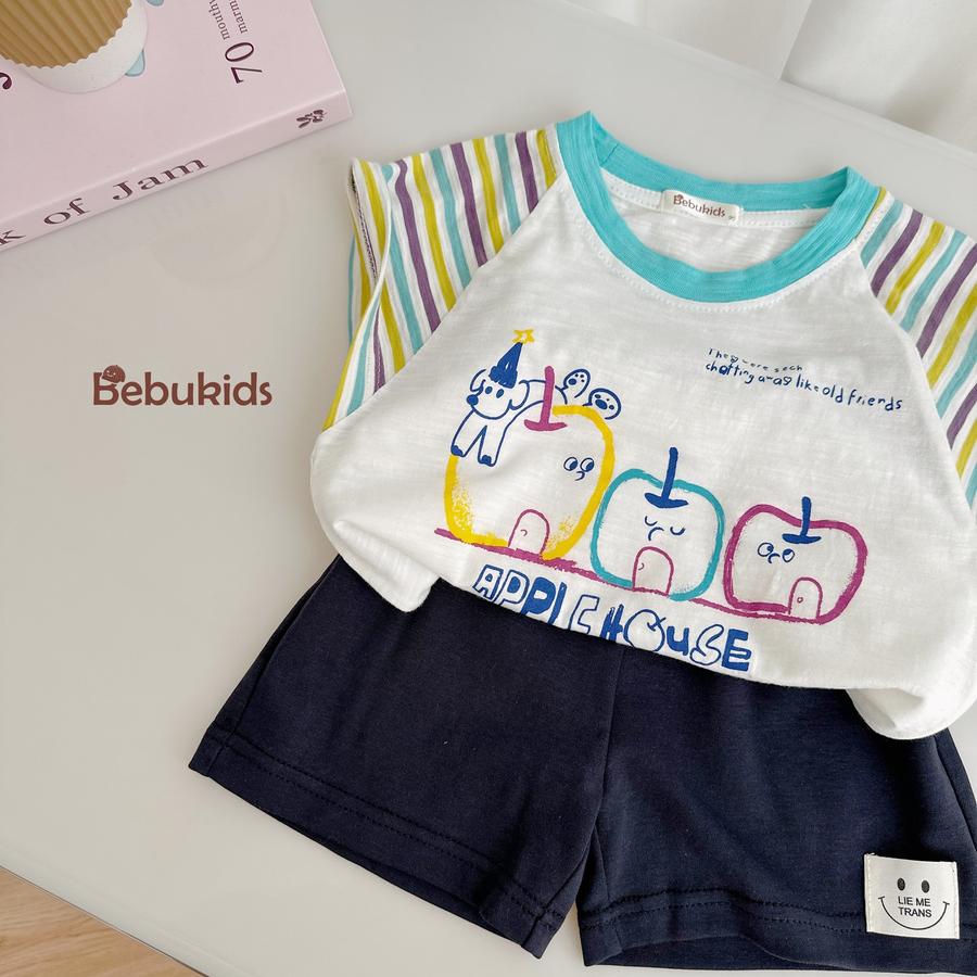 SB2341- bộ cộc tay phối tay kẻ, thân in 3 quả táo,...