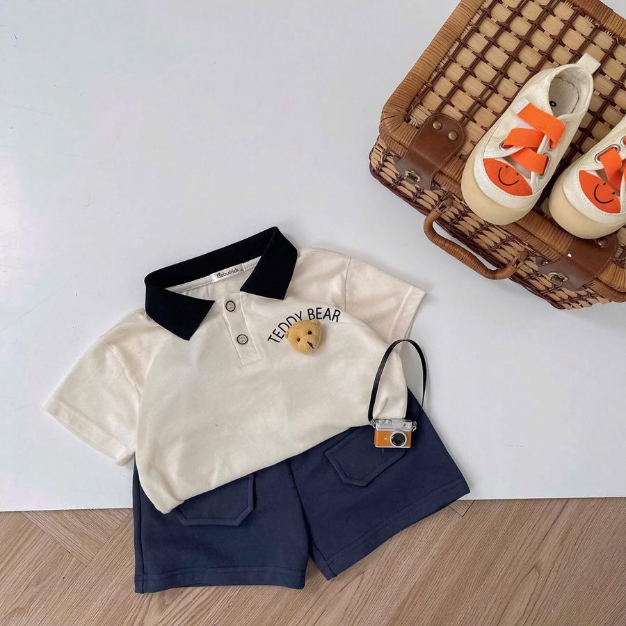 SB2343- bộ polo cọc tay in chữ ngực đính mặt gấu