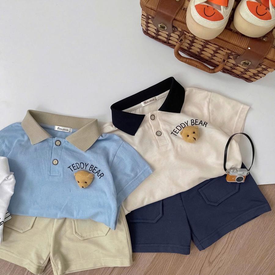 SB2343- bộ polo cọc tay in chữ ngực đính mặt gấu