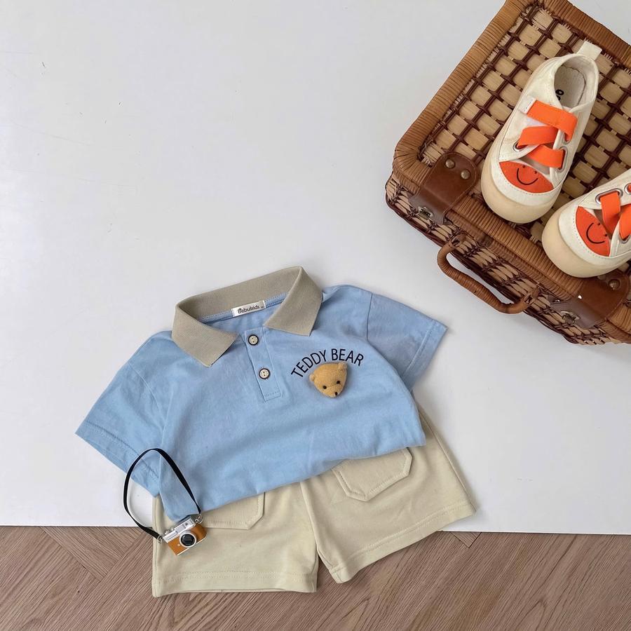 SB2343- bộ polo cọc tay in chữ ngực đính mặt gấu