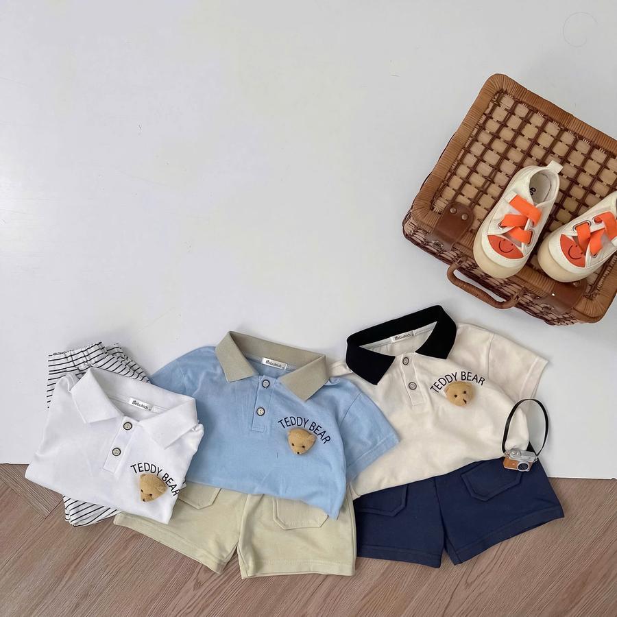 SB2343- bộ polo cọc tay in chữ ngực đính mặt gấu