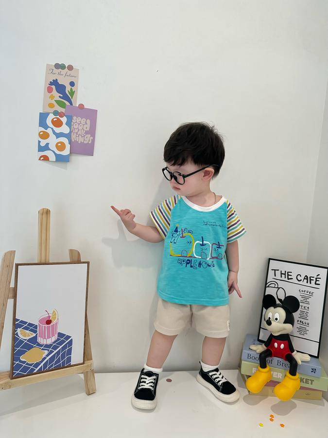 SB2341- bộ cộc tay phối tay kẻ, thân in 3 quả táo,...