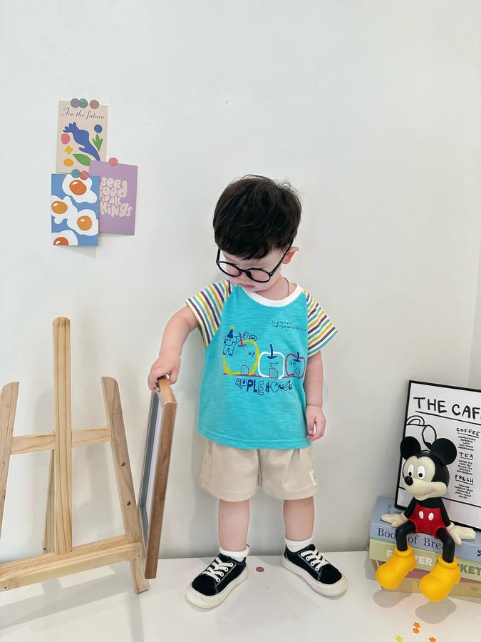 SB2341- bộ cộc tay phối tay kẻ, thân in 3 quả táo,...