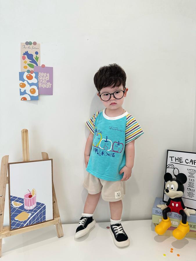 SB2341- bộ cộc tay phối tay kẻ, thân in 3 quả táo,...