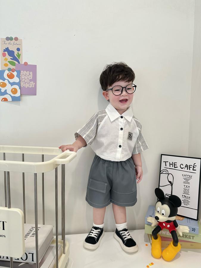 SB2324- bộ sơ mi phối tay kẻ logo 72