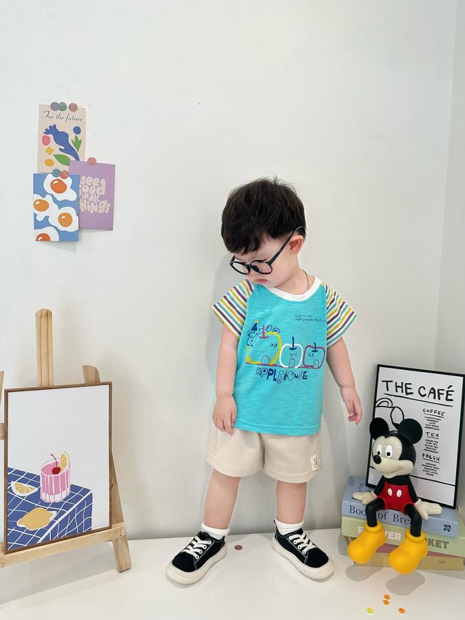 SB2341- bộ cộc tay phối tay kẻ, thân in 3 quả táo,...