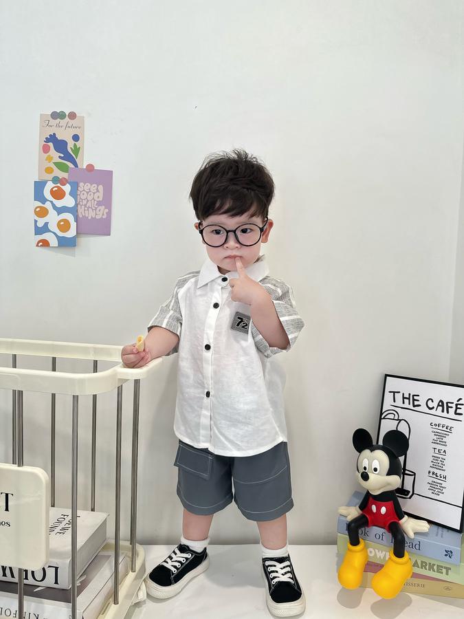 SB2324- bộ sơ mi phối tay kẻ logo 72