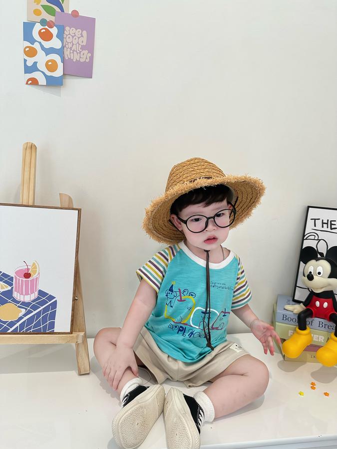 SB2341- bộ cộc tay phối tay kẻ, thân in 3 quả táo,...