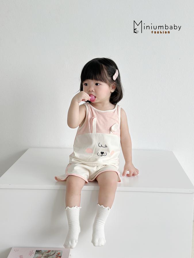 SB2325- bộ ba lỗ bé gái đính tai thỏ, quần lé viền màu