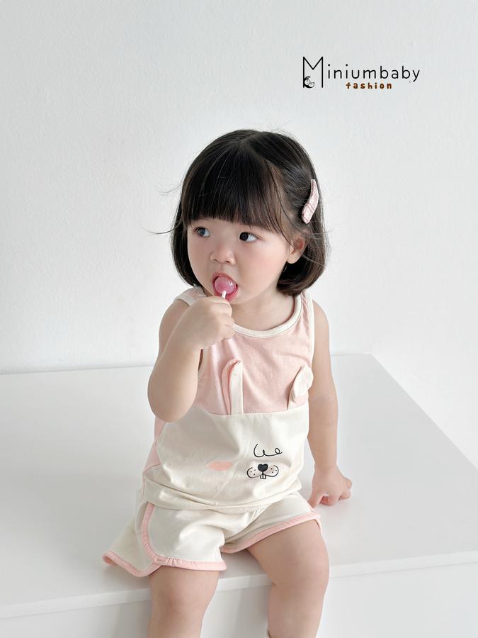 SB2325- bộ ba lỗ bé gái đính tai thỏ, quần lé viền màu