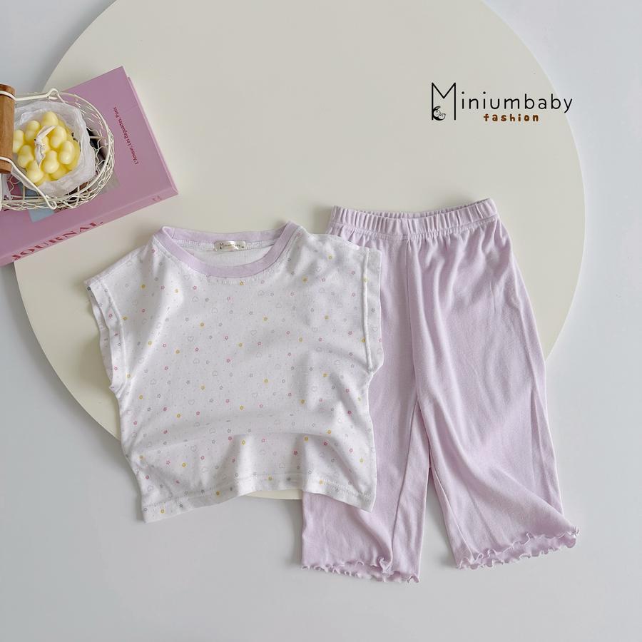 SB2389- bộ  sát nách bé gái phối cổ quần màu trơn, áo in họa tiết