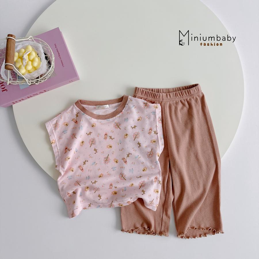 SB2389- bộ  sát nách bé gái phối cổ quần màu trơn, áo in họa tiết