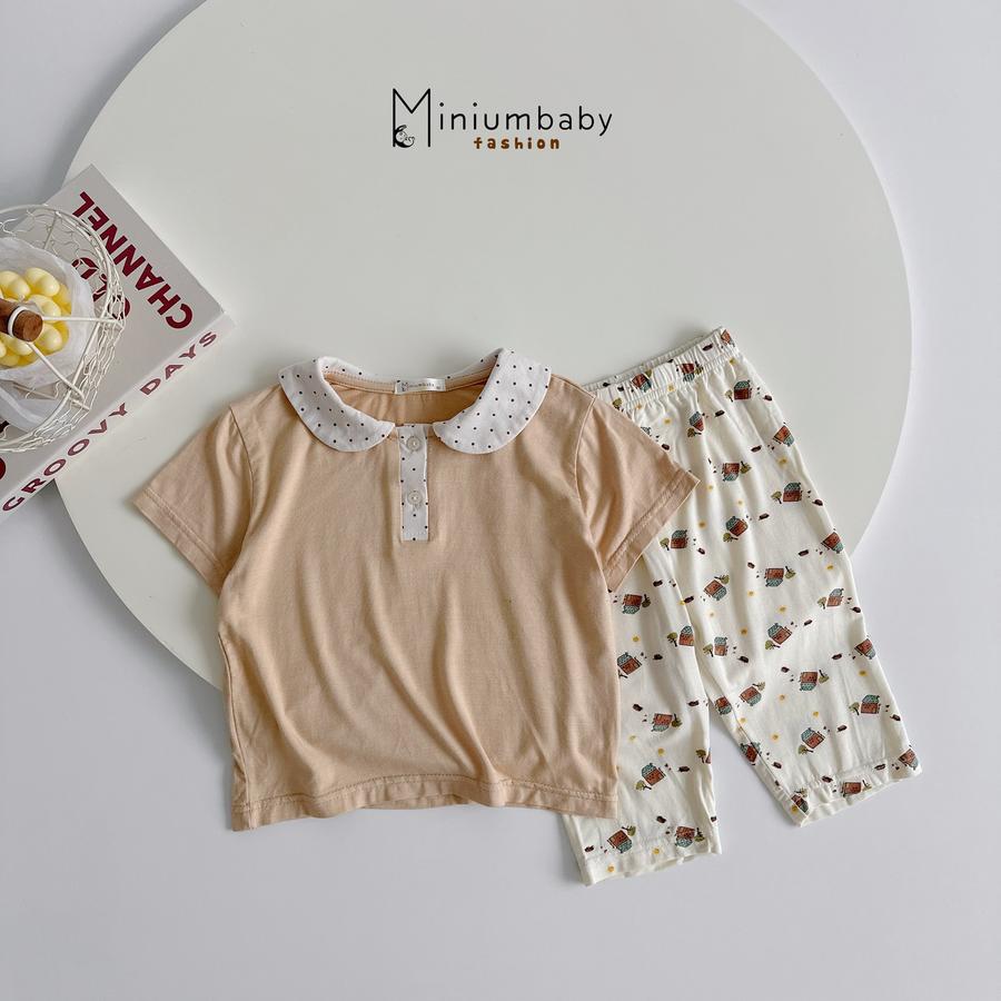 SB2392- bộ cổ sen quần dài in ngôi nhà. cổ bi