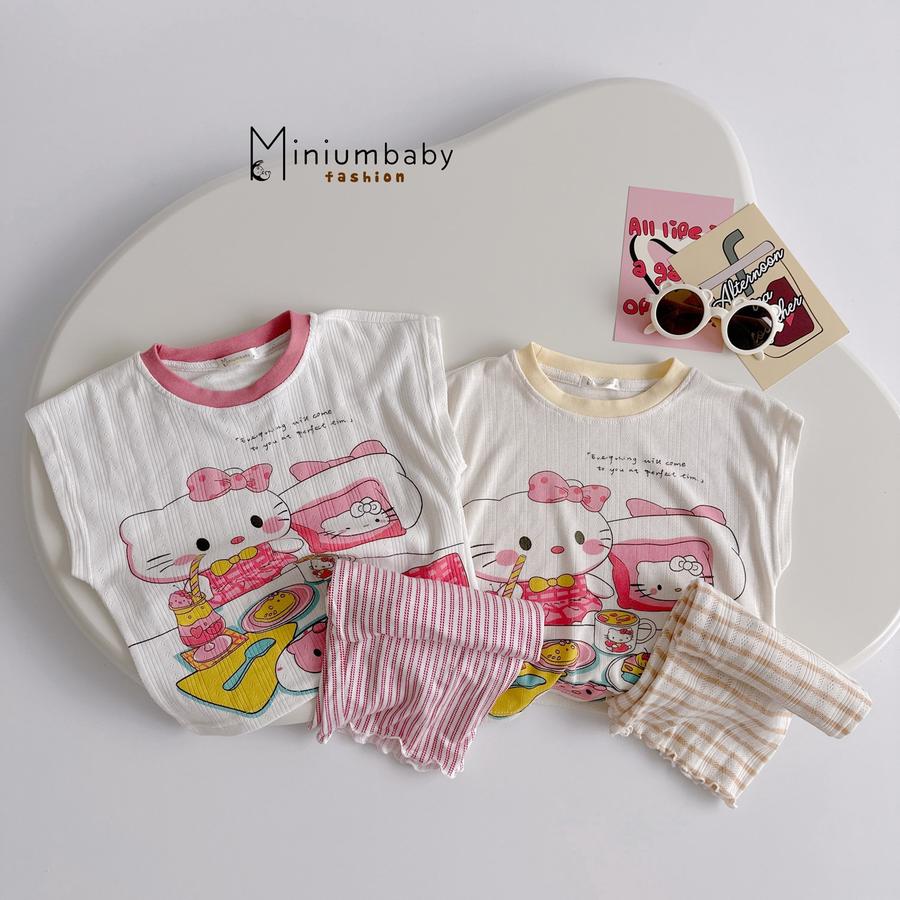 SB2364- bộ sát nách in hellokitty, đồ ăn phối quần kẻ