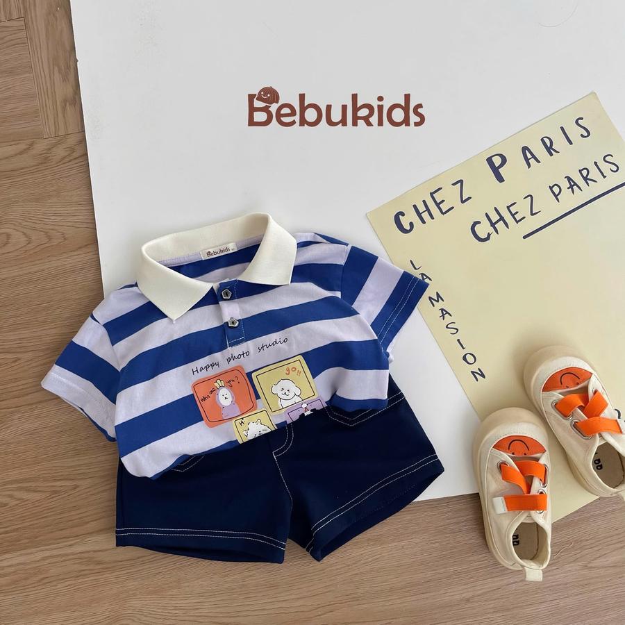 SB2382- bộ polo kẻ gang to in ô vuông cún