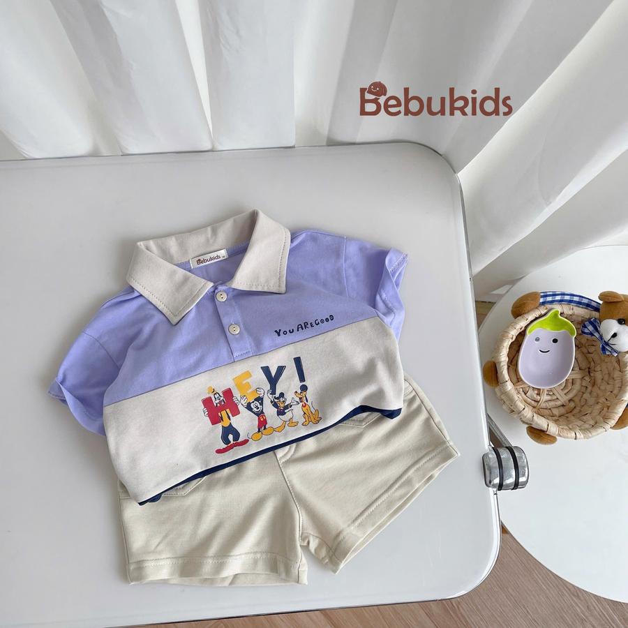 SB2255- bộ polo phối than in chuột mickey, hey áo can tím quần be