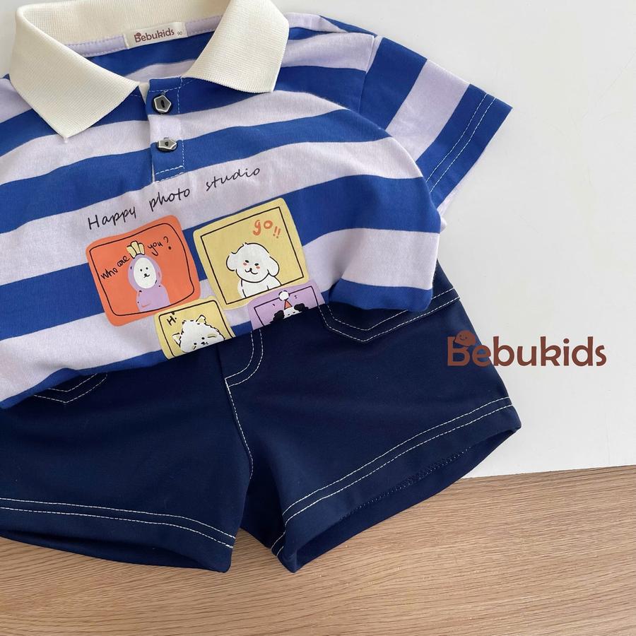 SB2382- bộ polo kẻ gang to in ô vuông cún