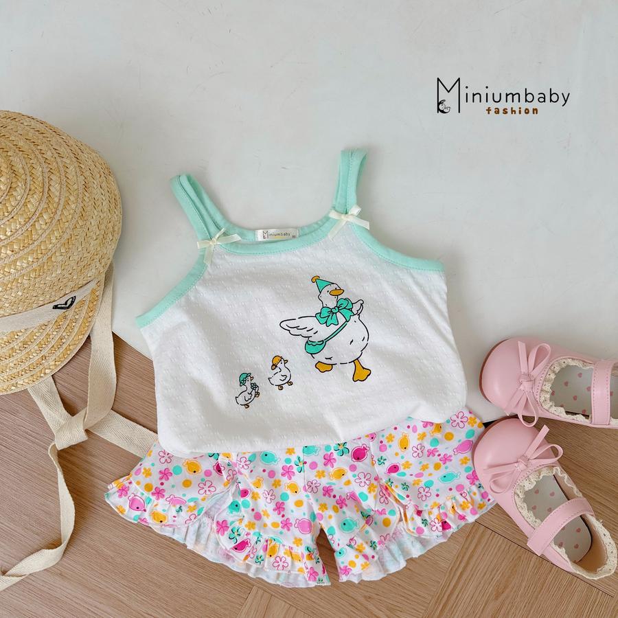 SB2359- bộ 2 dây bé gái in đàn vịt áo viền xanh