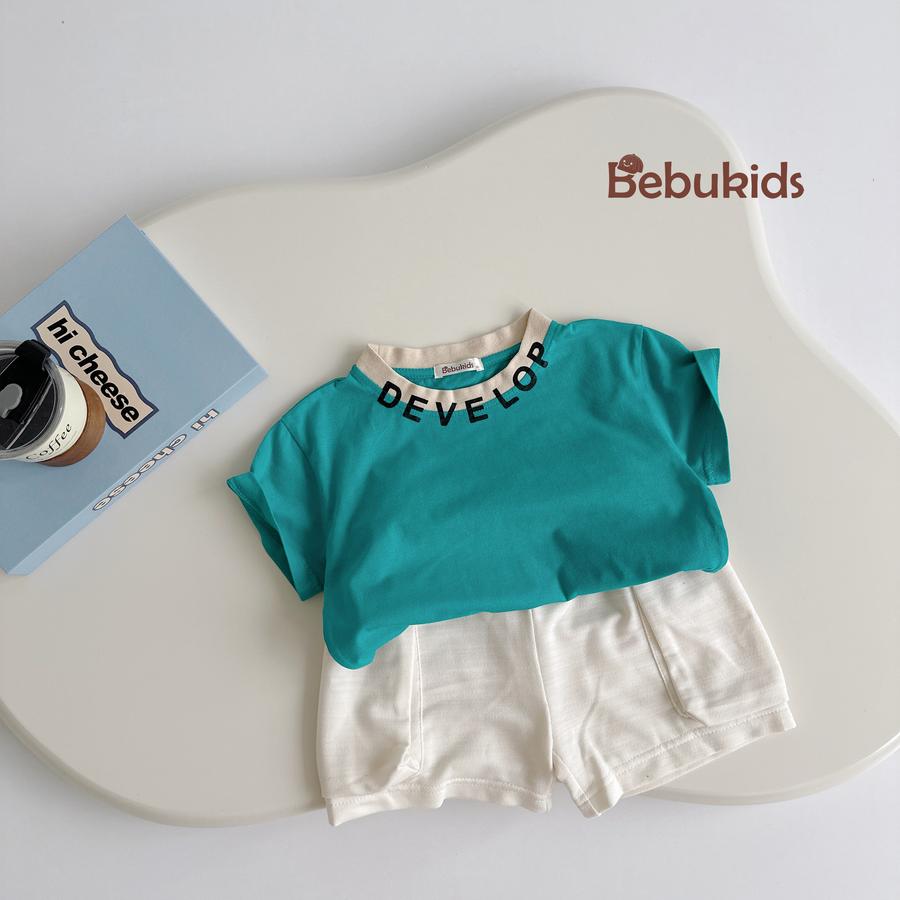 SB2310-bộ cộc tay phối cổ in chữ develop xanh