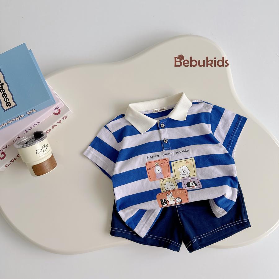 SB2382- bộ polo kẻ gang to in ô vuông cún kẻ xanh