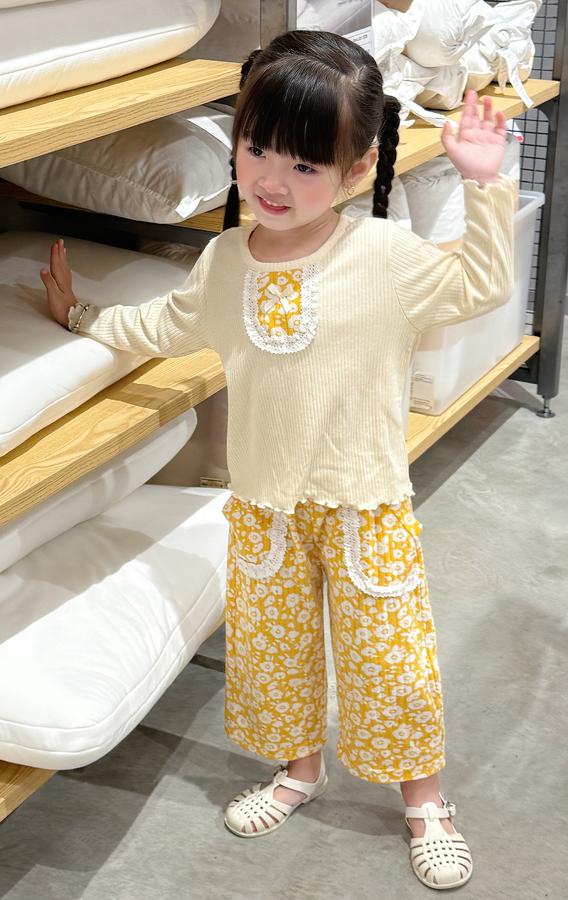 SB2394- bộ dài tay bé gái bèo nẹp, túi quần đính nơ nẹp