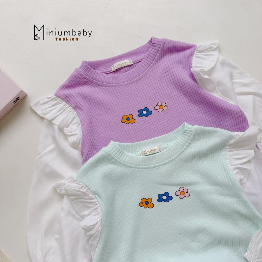 SB2406- bộ dài tay bé gái phối tay bèo vai bo tay in hoa