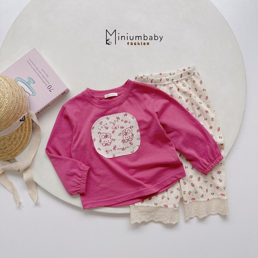 SB2416-bộ dài tay bé gái đáp vuông in thỏ, nơ, hoa phối quần hoa ren gấu