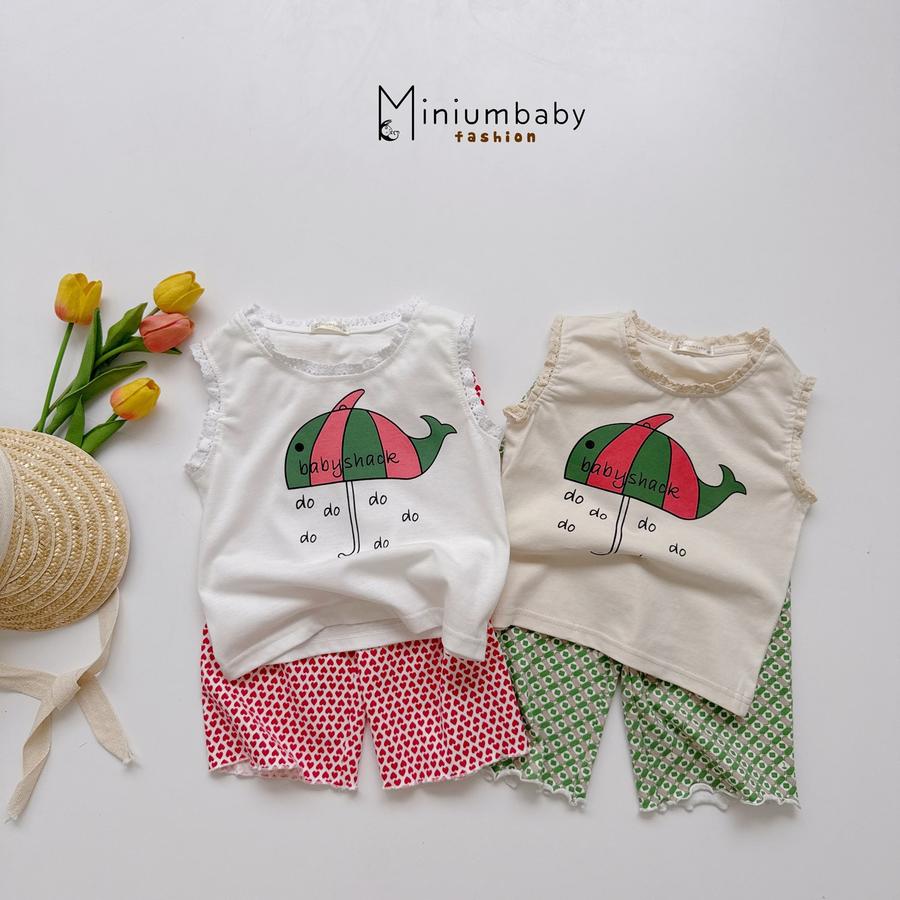 SB2368- bộ sát nách quần lửng bé gái in ô cá heo kẻ, babyshack