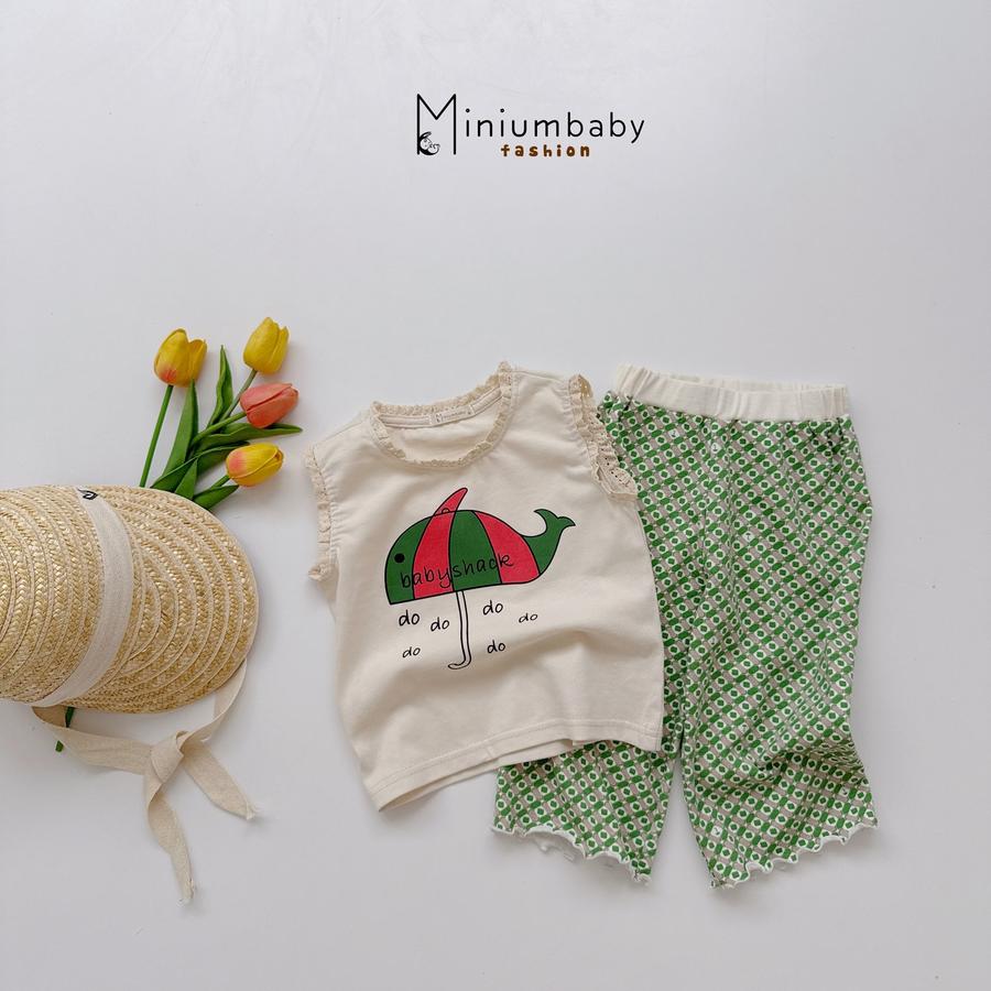 SB2368- bộ sát nách quần lửng bé gái in ô cá heo kẻ, babyshack