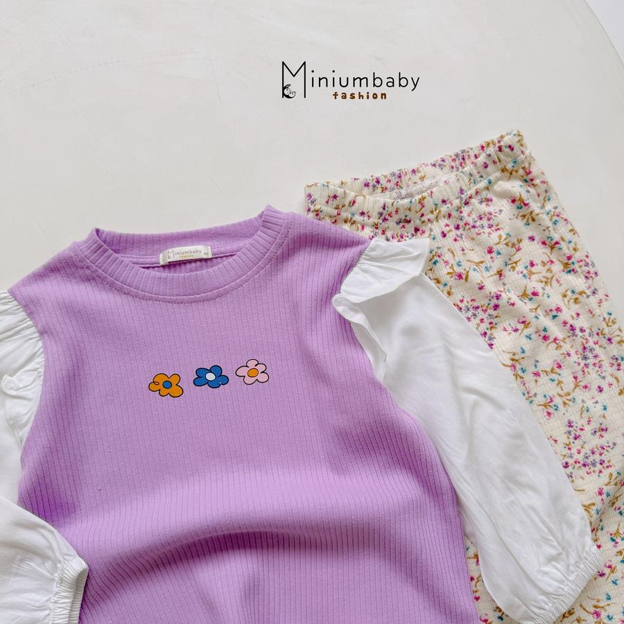 SB2406- bộ dài tay bé gái phối tay bèo vai bo tay in hoa