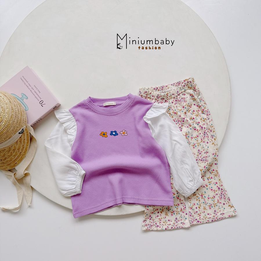 SB2406- bộ dài tay bé gái phối tay bèo vai bo tay in hoa