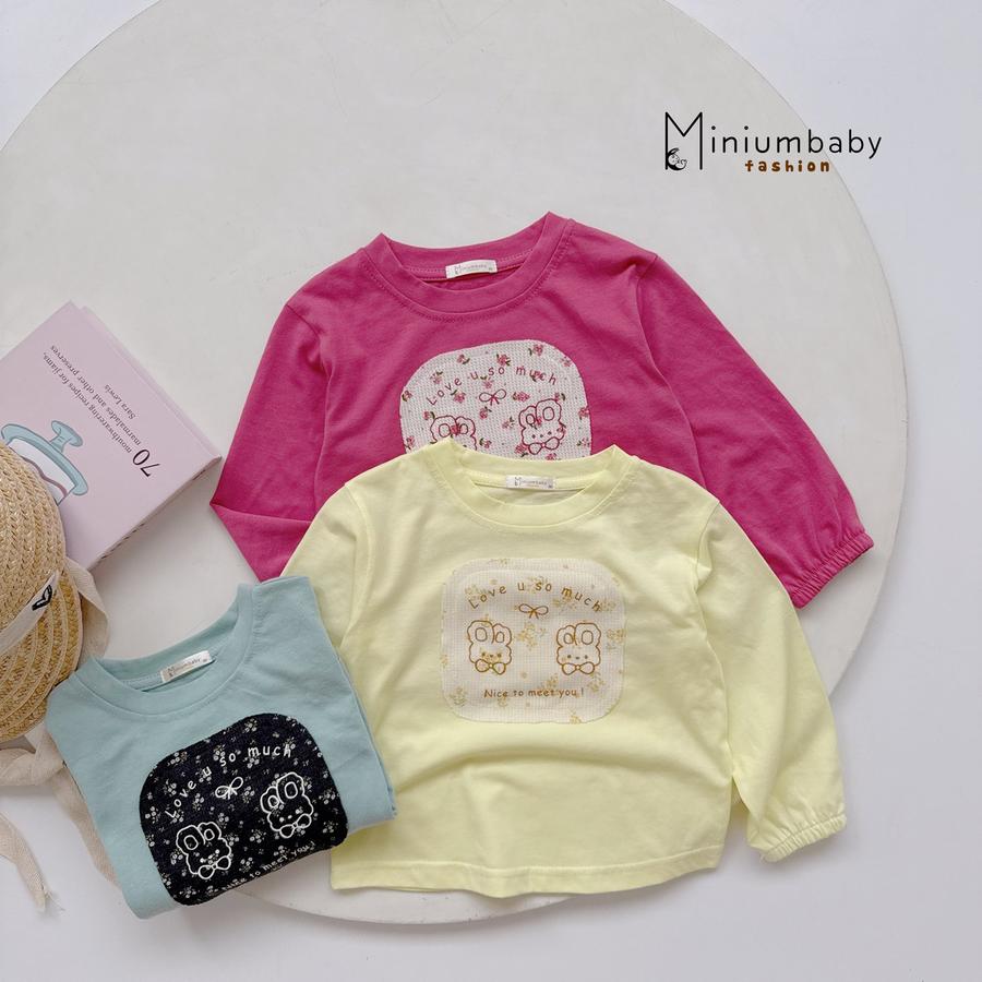 SB2416-bộ dài tay bé gái đáp vuông in thỏ, nơ, hoa phối quần hoa ren gấu