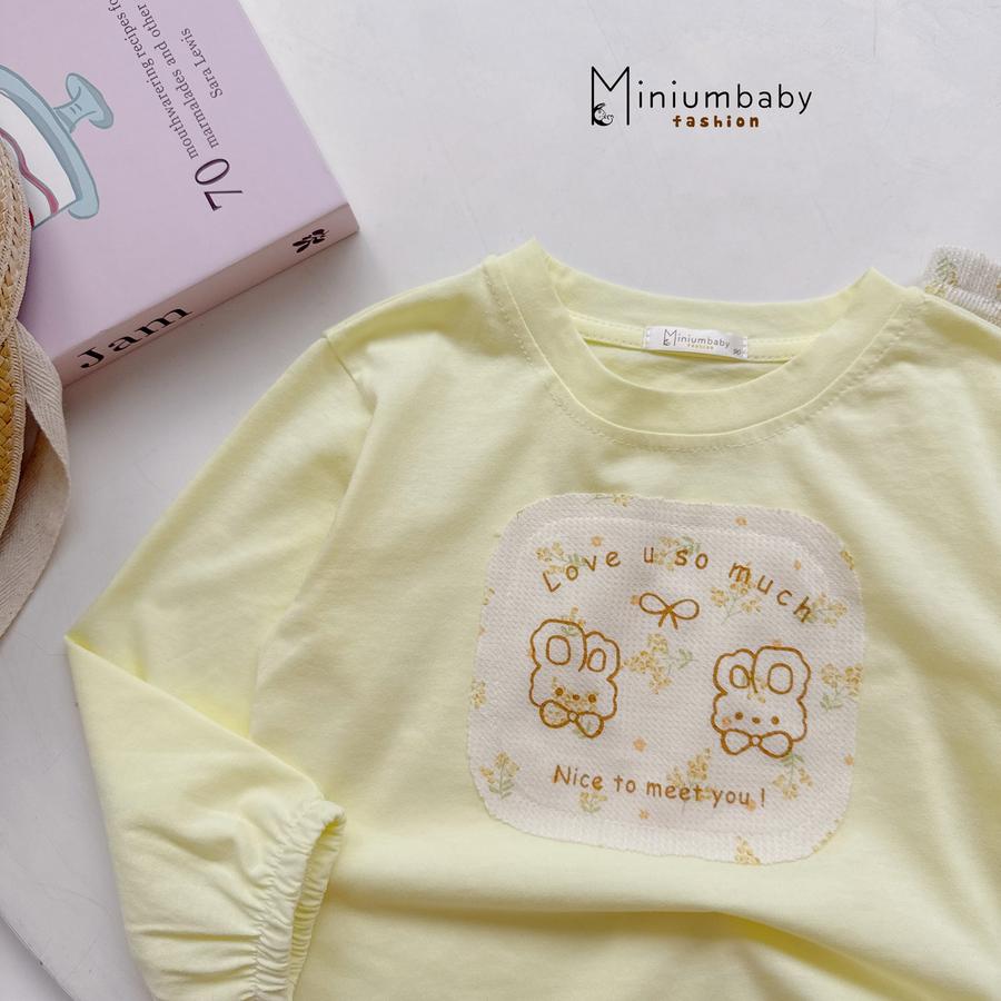 SB2416-bộ dài tay bé gái đáp vuông in thỏ, nơ, hoa phối quần hoa ren gấu