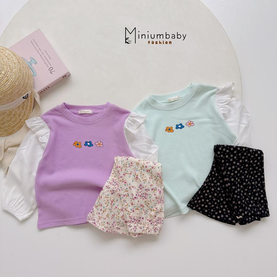 SB2406- bộ dài tay bé gái phối tay bèo vai bo tay in hoa