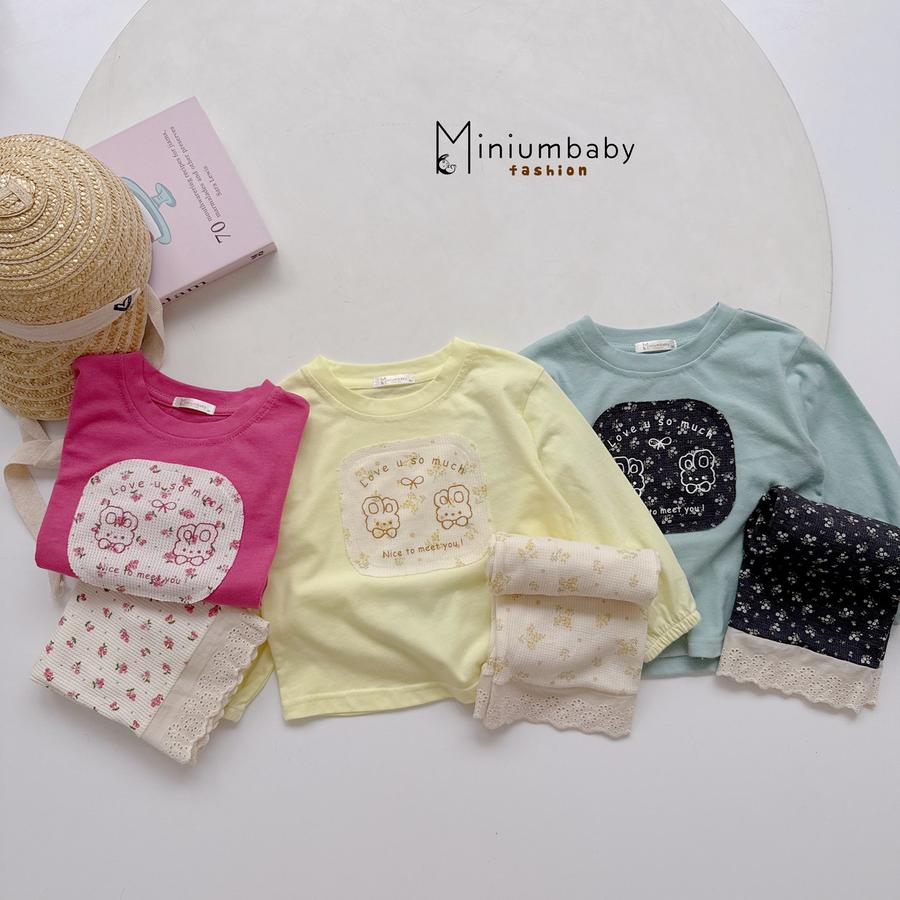 SB2416-bộ dài tay bé gái đáp vuông in thỏ, nơ, hoa phối quần hoa ren gấu