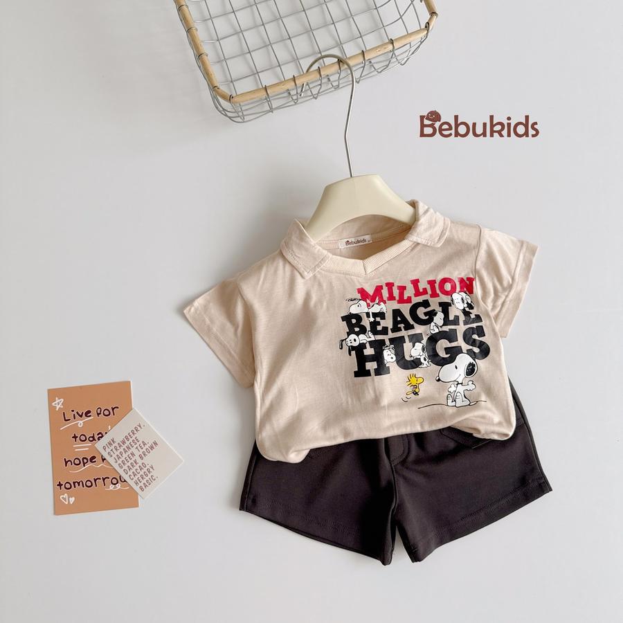 SB2236- bộ polo in chữ million beagle hugs ngực be đậm